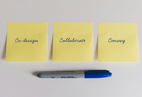 Three yellow post-its sit side by side on a pale background, with a blue sharpie pen sitting below the post-its. Each post-it note has one word on it - in order Co-design, Collaborate and Convey in blue cursive font. Post-it notes photo by Kelly Sikkema on Unsplash.