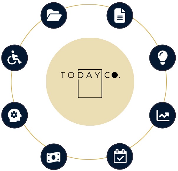 Image is of two concentric circles. The inner concentric circle contains the Today Co logo, with a light gold background. The outer circle has eight pictograms representing (clockwise) wordsmithing, strategy development, positioning your value in a competitive market, program design + delivery, getting dollars in the door, government know-how, disability expertise and governance + reporting. Explanations of each are provided in text below.